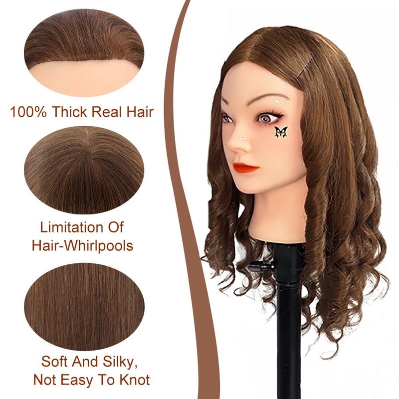 Opini Mannequin Head with 100% Real Human Hair Cosmetology Mannequin Head to Practice Hairstyles Doll Head Training Head for Hairdresser (Brown) - Image 2